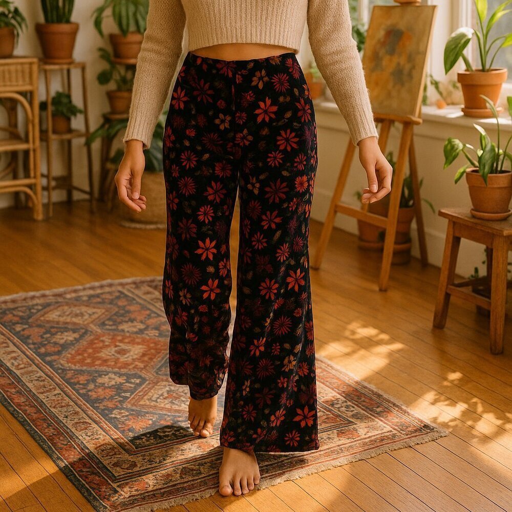 Urban Outfitters Palazzo Floral print Black Boho Flared leg High Rise Waist SZ 2 - Picture 1 of 14